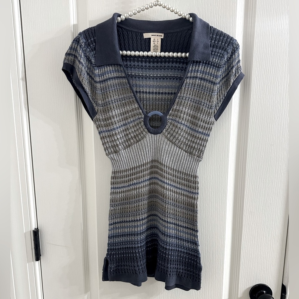 DKNY Y2K Blue, Silver, Metallic Short Sleeve Sweater Cap Sleeve Top - Small